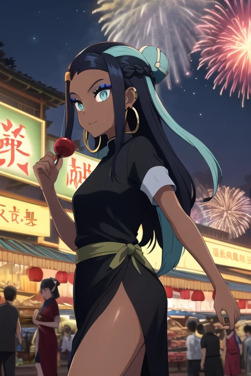 (masterpiece, best quality), 1girl, nessarnd, nessaholiday, dark skin, makeup, single hair bun, sarong, short sleeves, Blue Chinese dress, side slit, hoop earrings, street's of a Chinese market place, night time, fireworks
