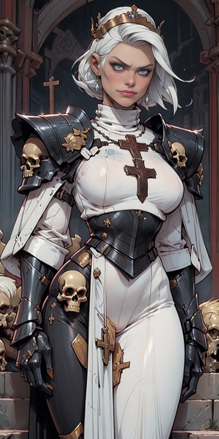 (masterpiece, best quality), intricate details,
1girl, squeenp, blonde hair, blue eyes, crown,
shaded face, looking down, from below, evil grin, angry,
armor, cross, pauldrons, skulls, cowboy shot, pelvic curtain,