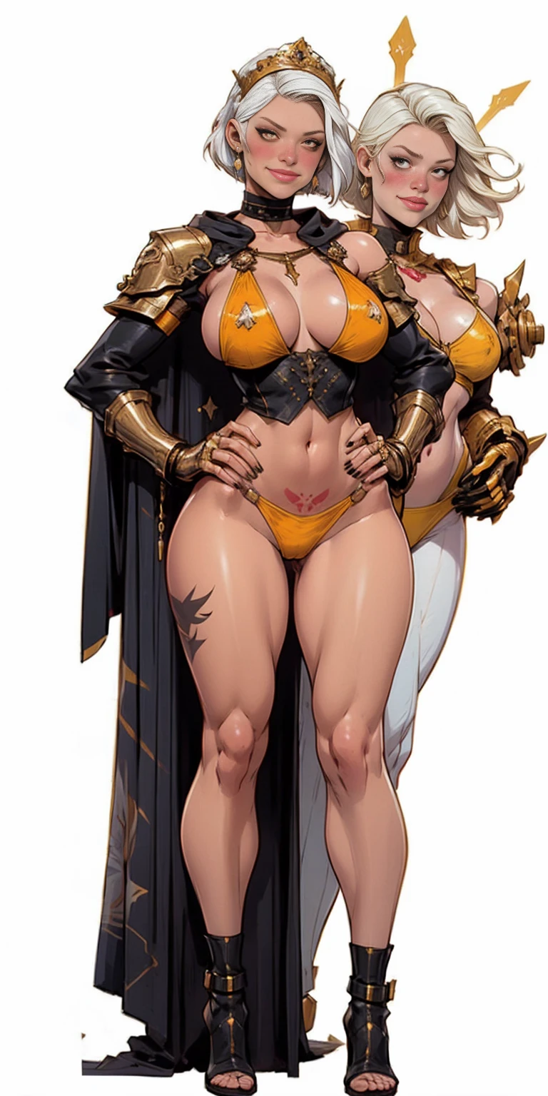 Two long thighs, yellow eyes, blonde hair, short hair, large breasts, detached sleeves, very white background, royal tiara, long cape, yellow tiger bikini, high heels, hands on hips. red tattoo on belly navel, full body female MILF BIMBO, lustful smirking smile face (red blush), metal shoulders, golden bracers sleeveless, black choker sex slave