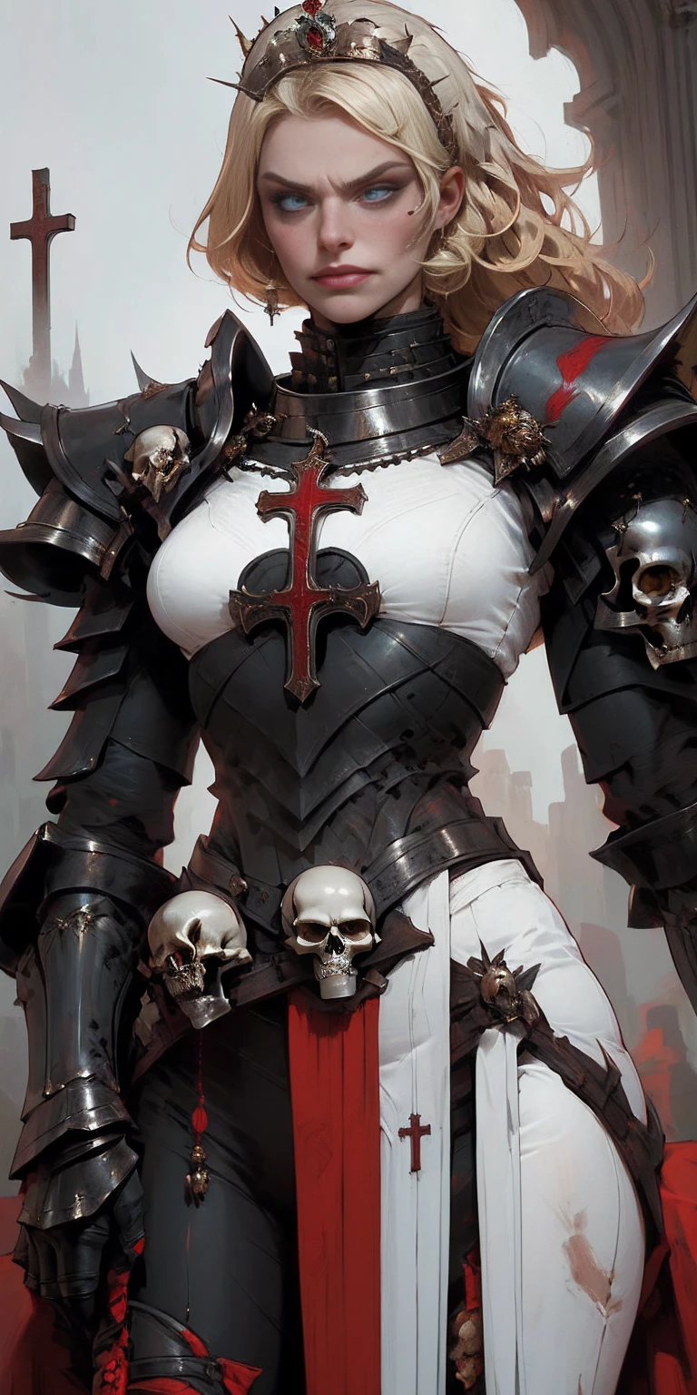 (masterpiece, best quality),  intricate details,
1girl,  squeenp,  blonde hair, blue eyes, crown, 
 shaded face,  looking down, from below, evil grin, angry, 
 armor,  cross, pauldrons, skulls,  cowboy shot, pelvic curtain,
