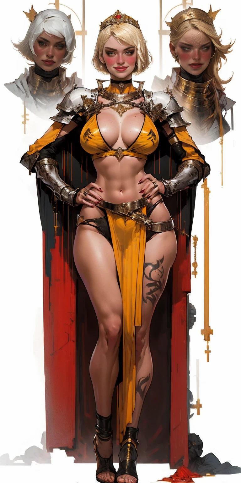 Two long thighs, yellow eyes, blonde hair, short hair, large breasts, detached sleeves, very white background, royal tiara, long cape, yellow tiger bikini, high heels, hands on hips. red tattoo on belly navel, full body female MILF BIMBO, lustful smirking smile face (red blush), metal shoulders, golden bracers sleeveless, black choker sex slave