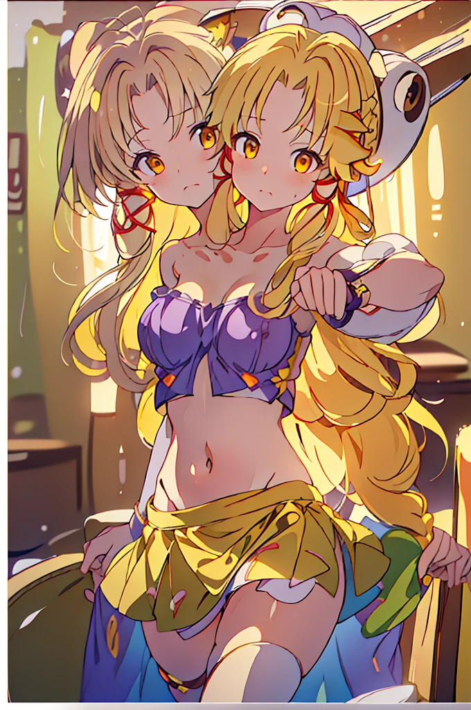 (masterpiece, best quality), top best quality, (ultra-detailed), (3heads:1.5), 1girl, (moriya suwako:1.3), masterpiece, best quality, ultra quality, ultra resolution, ultra detail, simple purplish-blue top, crop top, ((stomach)), midriff, ((groin)), simple purplish-blue skirt, normal ears, shackles, yellow hair, very long hair, wavy hair, sidelocks, golden yellow eyes, parted lips, sweat, cute, toned belly, hand on own chest, eyelashes, (24 year old woman:1.3), (masterpiece:1.6), (best quality:1.6), (beautiful detailed), extremely detailed CG, extremely delicate and beautiful, depth of field, (finely detailed face), (perfect details:1.2), (mature female:1.3), wide pelvis, slender, large veiny breast, 16k resolution, highres, high quality, high definition, extremely detailed, masterpiece, yellow hair, long hair, alluring presence, braid, short skirt, close up, big tits, young, hair ribbon, open belly, girl with three heads,