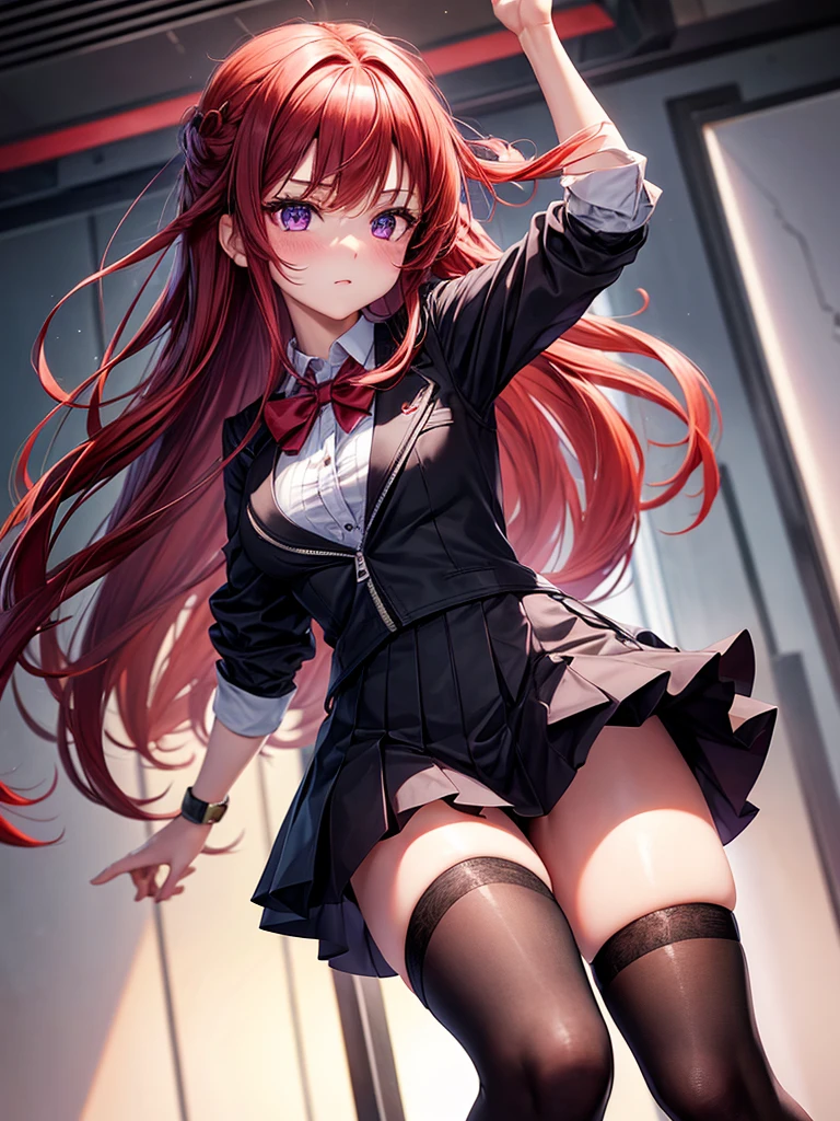 a girl,long red hair,Purple Eyes,blush,Female high school student,student,Black vest,Super detailed zipper,mini skirt,Knee socks,Rendering,best picture,dynamic poses,looking into camera