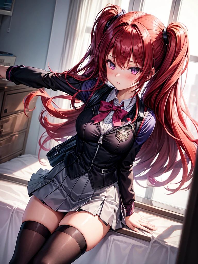 a girl,long red hair,Purple Eyes,blush,Female high school student,student,Black vest,Super detailed zipper,mini skirt,Knee socks,Rendering,best picture,dynamic poses,looking into camera