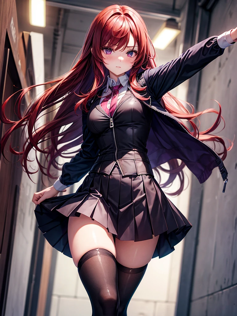 a girl,long red hair,Purple Eyes,blush,Female high school student,student,Black vest,Super detailed zipper,mini skirt,Knee socks,Rendering,best picture,dynamic poses,looking into camera