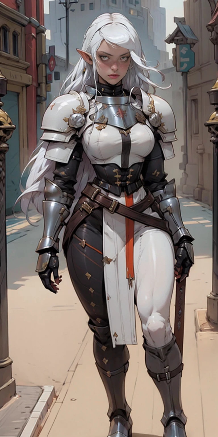 masterpiece, best quality, high quality, white SKIN elf, long hair, white hair, yellow eyes, full body, def_effie, blue breastplate, white skin, looking at viewer, shiny,armor, thighhighs, high boots,shoulder armor, faulds, poleyn, gloves, gauntlets