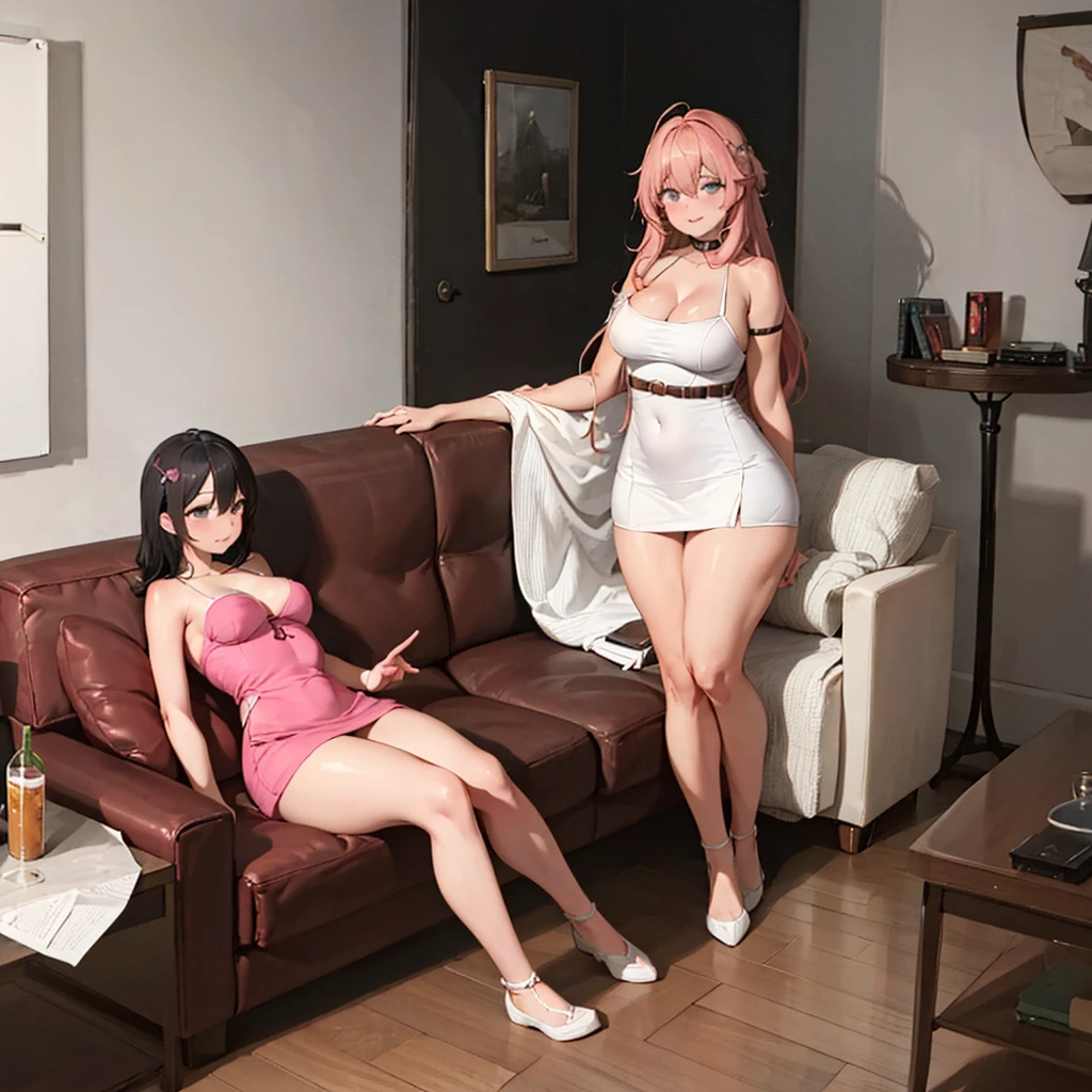 One man sitting in the middle of couch, hugged by two tanned fit thick females with thick wide hips, brunette and blonde, in short pink dress, short white dress, big breasts, lesbians, full body shot, indoors, laying on couch next to the man.
