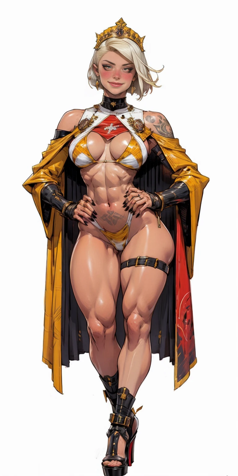 Two long thighs, yellow eyes, blonde hair, short hair, large breasts, detached sleeves, very white background, royal tiara, long cape, yellow tiger bikini, high heels, hands on hips. red tattoo on belly navel, full body female MILF BIMBO, lustful smirking smile face (red blush), metal shoulders, golden bracers sleeveless, black choker sex slave