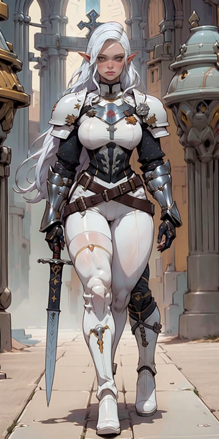 masterpiece, best quality, high quality, white SKIN elf, long hair, white hair, yellow eyes, full body, def_effie, blue breastplate, white skin, looking at viewer, shiny,armor, thighhighs, high boots,shoulder armor, faulds, poleyn, gloves, gauntlets