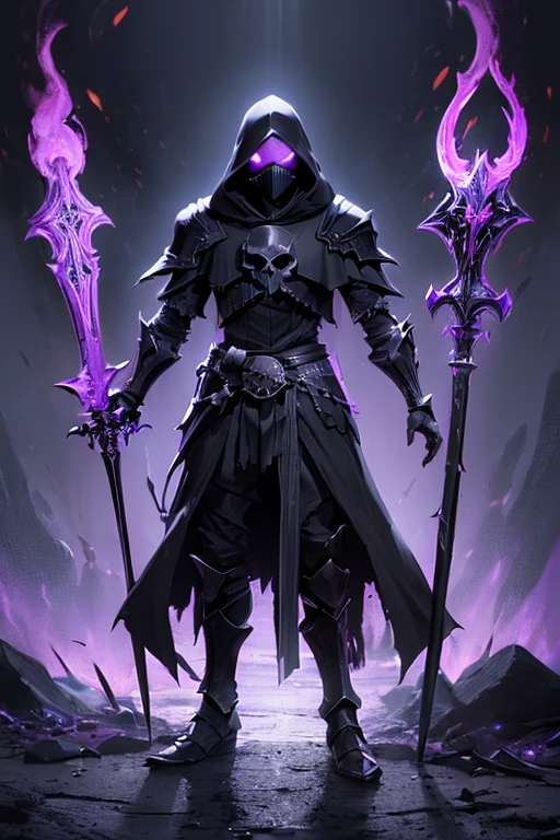 ((dark fantasy:1.4)),(full body:1.3). Dark skeleton knight. ((black skull face)), Hooded shadow wraith in black battle armor, (glowing violet eyes), cross pendant. brandishing black great sword in purple flames. masterpiece