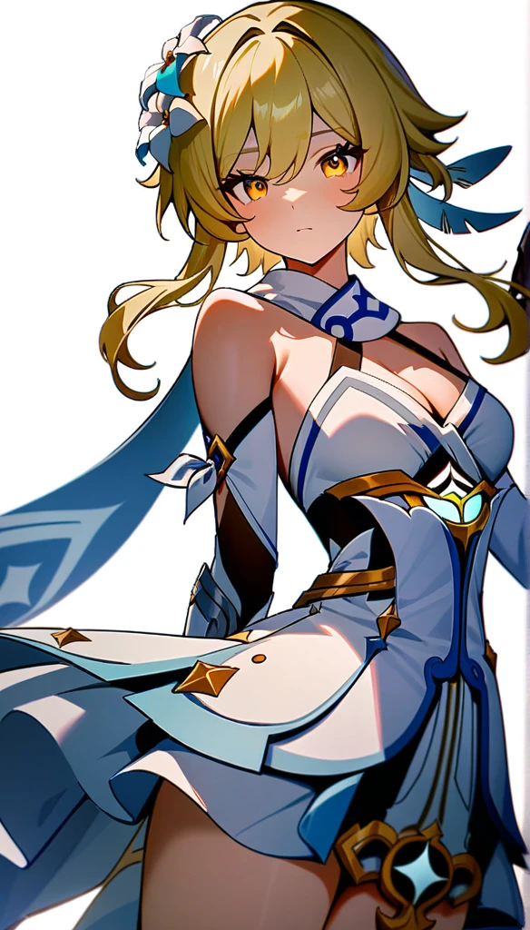 masterpiece, best quality, very aesthetic, absurdres, newest, cowboy_shot, 

lumine_(genshin_impact),genshin_impact, 1girl, black_gloves, blonde_hair, breasts, cleavage, detached_sleeves, dress, flower, gloves, hair_flower, hair_ornament, medium_breasts, short_hair_with_long_locks, sidelocks, sleeveless, sleeveless_dress, vambraces, white_dress, white_flower, yellow_eyes,holding, holding_flower, holding_sword, holding_weapon,  solo, sword, simple_background, weapon, white_background, 