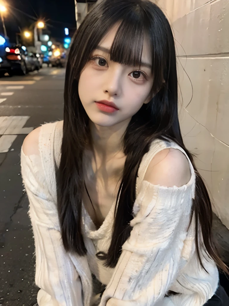raw photo, 8k, (top-quality), Realistic, (real picture, Intricate details), (natural skin texture, detailed skin, hyper realism, sharpness), Japanese girl sitting in a dirty back alley at night, graffitied wall:1.3, ((overlap sweater, munechira, small chest:1.3)), (pale skin:1.2, slender body), ((long straight hair, blunt bangs)), (seductive face, provocative look, Parted lips:1.3, eye bag:1.2, red thick lips), graffiti:1.5, night time, upper body shot, high angel shot, from abovd