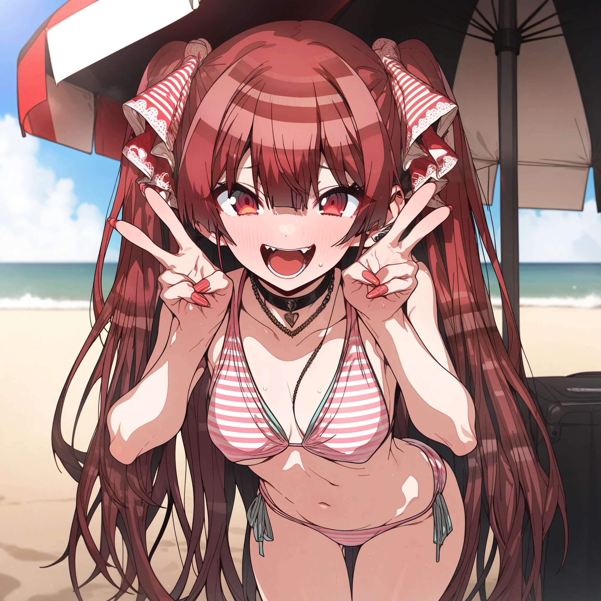 houshou_marine, Artist, erere, Copyrights, idolmaster, idolmaster_shiny_colors, Character, General, 1girl, red_hair, blunt_bangs, blush, large_breasts, breasts, smile, brown_eyes, censored, long_hair, striped bikini, pink_bikini, frilled_bikini, navel, open_mouth, raised_eyebrows, teeth, two_side_up, (full_body) (standing in middle, beach_umbrella), sky, [detailed, sand, outdoors], looking_at_viewer, facing_viewer, masterpiece, best_quality, great_quality, girl, solo, center_composition, centered character, v_over_eye, hand_on_hip, cute
