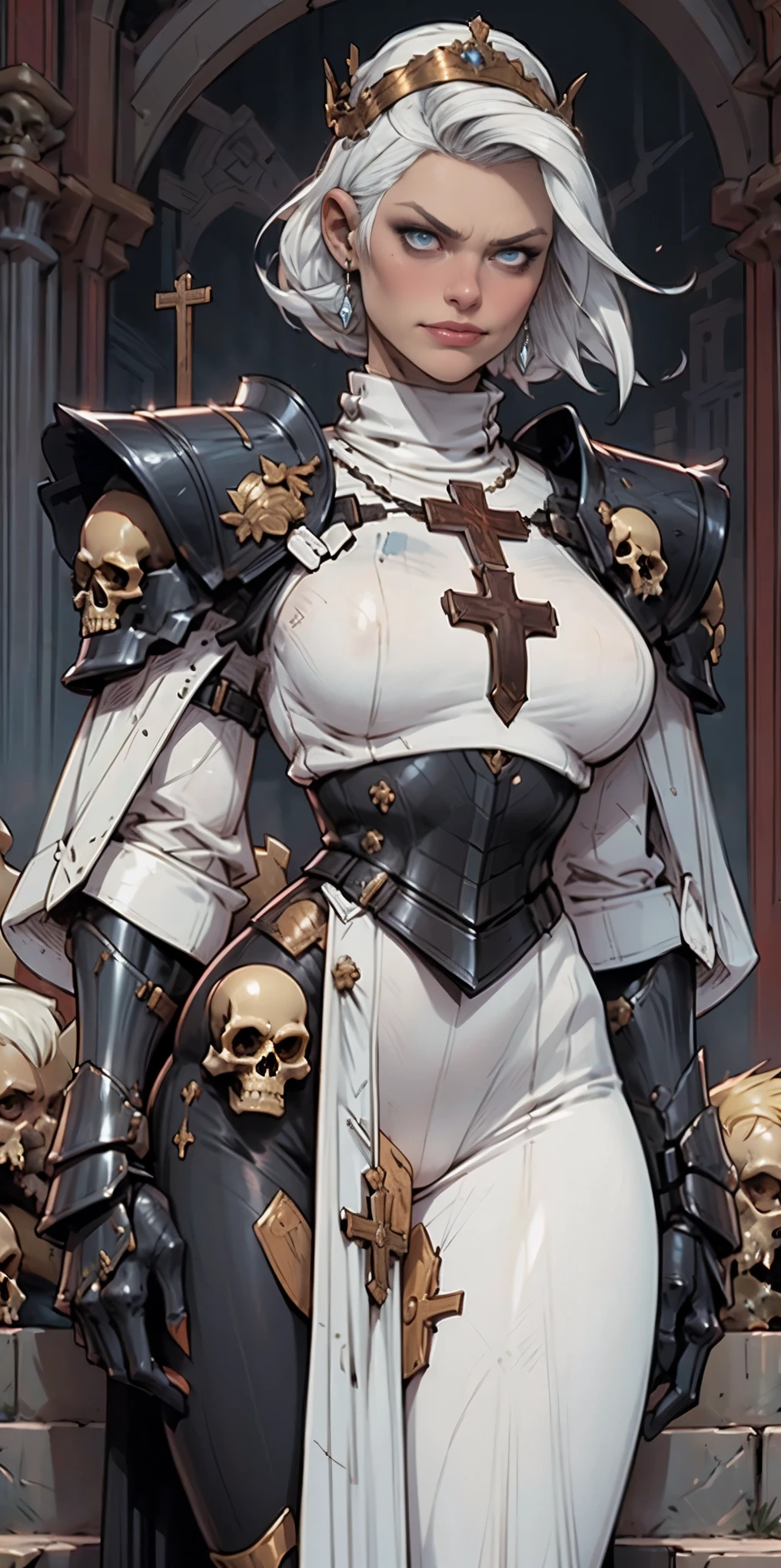 (masterpiece, best quality),  intricate details,
1girl,  squeenp,  blonde hair, blue eyes, crown, 
 shaded face,  looking down, from below, evil grin, angry, 
 armor,  cross, pauldrons, skulls,  cowboy shot, pelvic curtain,