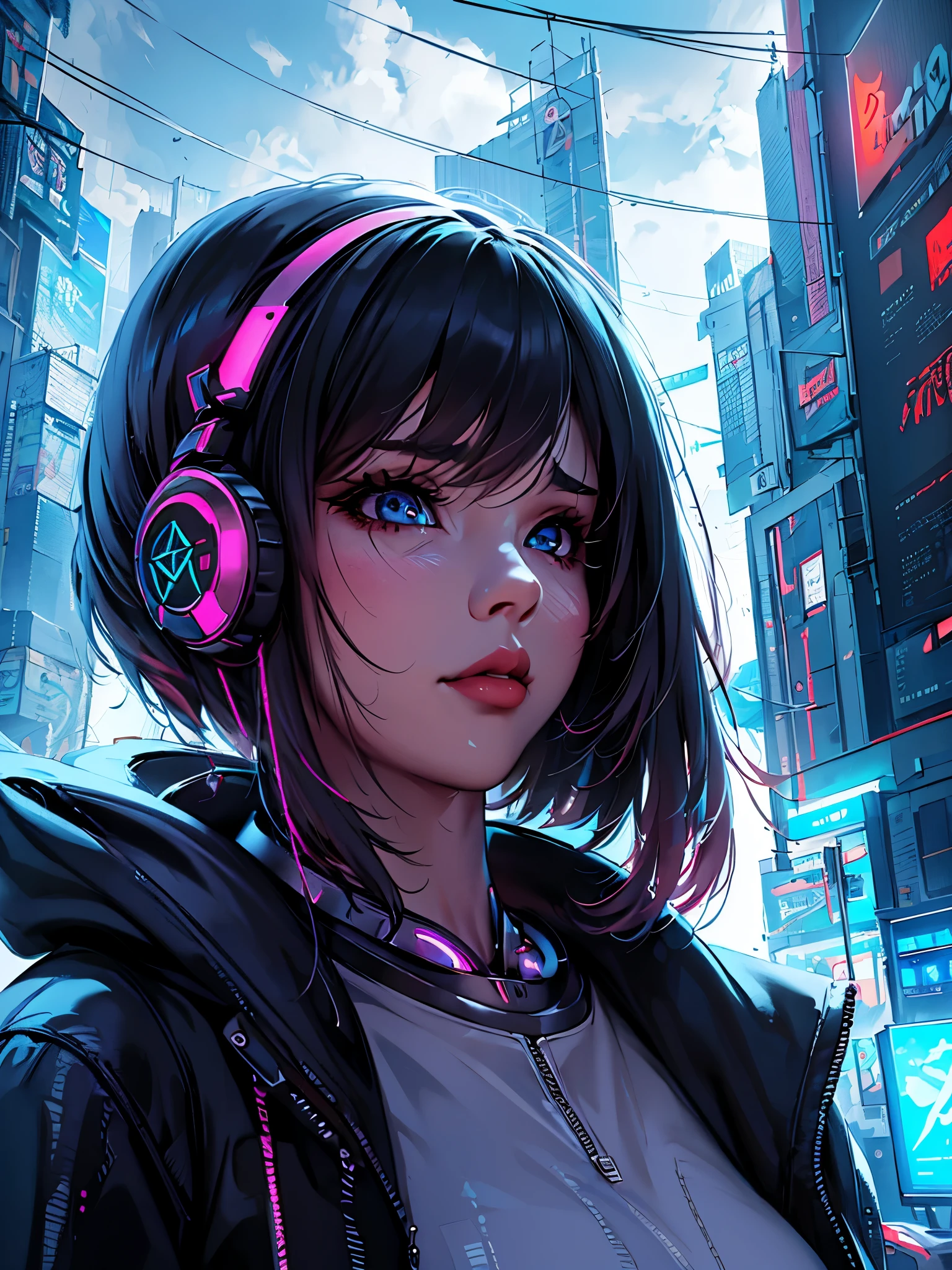 a woman with headphones next to a robot, corpo inteiro, olhando para cima, cyber glasses, boca meio aberta, Dark sky with clouds, (((a garota tem cabelos curtos brancos, tenis tech, e partes cyberpunk))), arte cyberpunk de Jason A. English, sociedade cg, retrofuturismo, Ilya Kuvshinov, sci-fi, futurista, vibrante, photorealista, realista, dramatic, cinematic lighting, sharp focus, 8K
