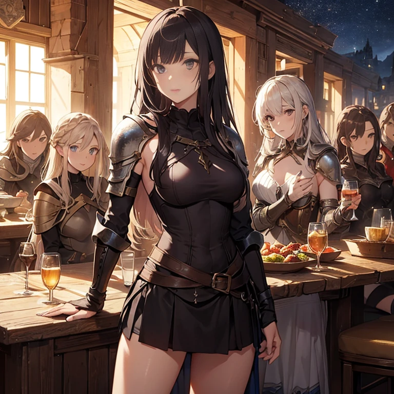 A group of female medieval fantasy adventurers, (in tavern), various hair styles, harem, night, details face, short skirt, seducing, sleeveless, armor