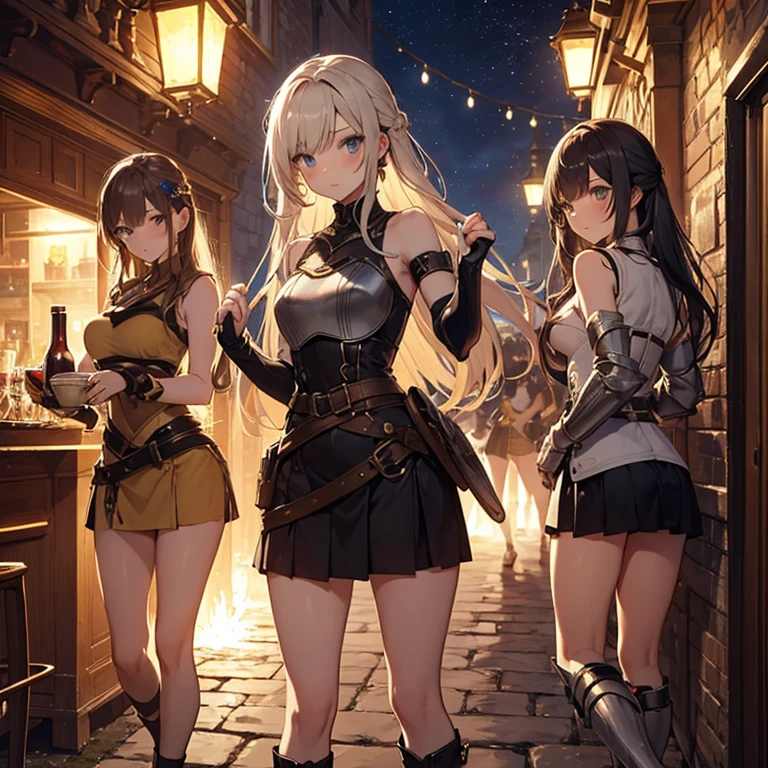 A group of female medieval fantasy adventurers, (in tavern), various hair styles, harem, night, details face, short skirt, seducing, sleeveless, armor