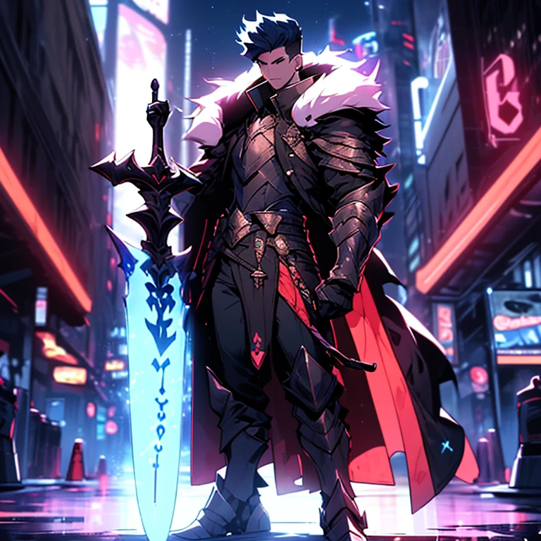 Design a layout showcase Gaming character, (1boy). Golden+Purple clothes, stylish and unique. ((showcase weapon:1.4)), magic staff. (masterpiece:1.2), (best quality), 4k, ultra-detailed. (Step by step design, layout art:1.5), (luminous lighting, atmospheric lighting). magican, ((glove full hands)), (((revealing clothes:1.3))), vambraces, armored legwear, (((full_body_shot:1.4))).