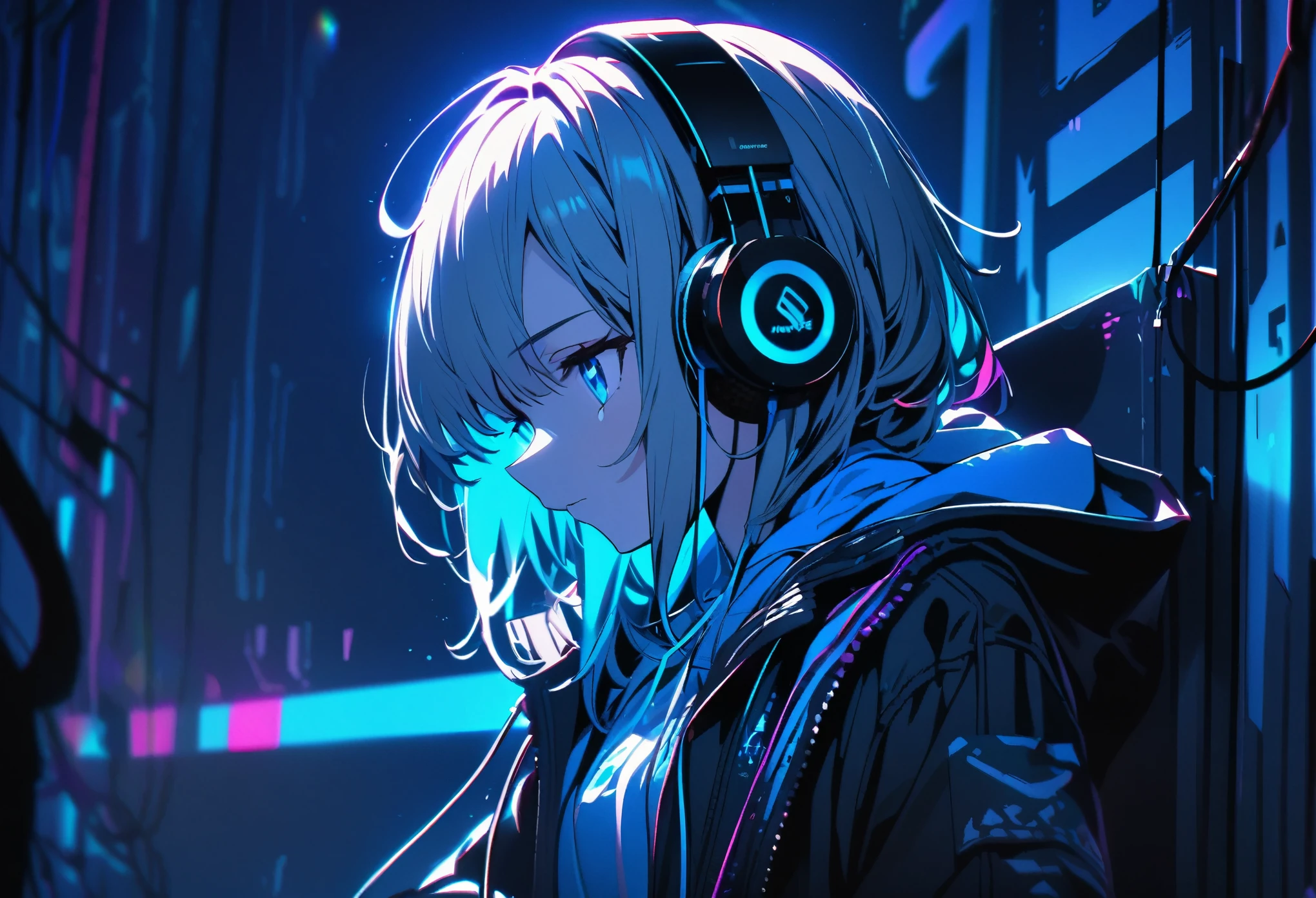ultra detailed,1 girl, solo, jacket with hoodie, cool, headphone, RGB lighting headphones, headphones with blue lighting, headphone with cable, blue lighting, wallpaper