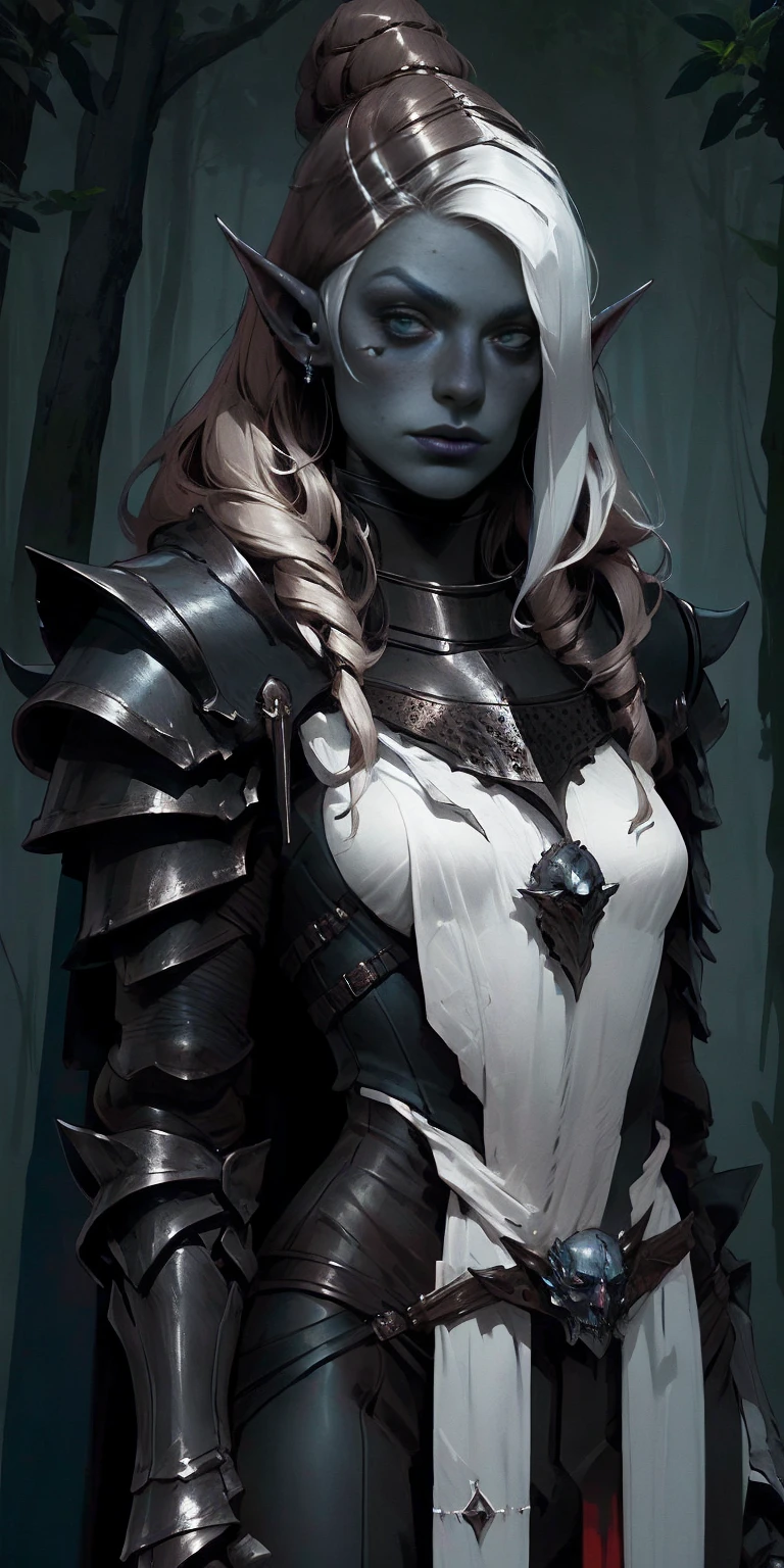 masterpiece, best quality, CG, wallpaper, HDR, high quality, high-definition, extremely detailed, drow, colored skin, dark elf, blue skin, grey skin, pointy ears, cape, armor, looking at viewer, 1girl, forest, dark forest, mythical forest, dimmed light, brown eyes, long hair, chibi