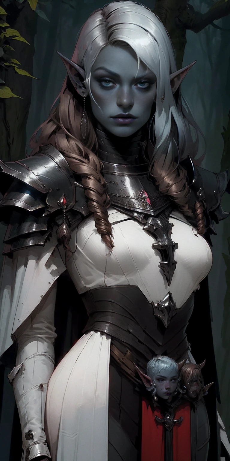 masterpiece, best quality, CG, wallpaper, HDR, high quality, high-definition, extremely detailed, drow, colored skin, dark elf, blue skin, grey skin, pointy ears, cape, armor, looking at viewer, 1girl, forest, dark forest, mythical forest, dimmed light, brown eyes, long hair, chibi