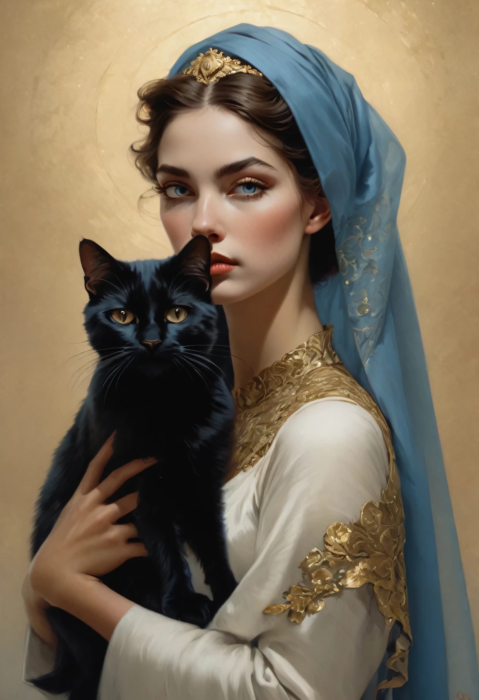 uma pintura a óleo de close-up of a Woman holding a black cat in her arms, wearing a blue and gold veil, pintura detalhada 4k, com olhos encantadores, karol bak uhd, por Tom Bagshaw e Boris Vallejo, mulher e gato, the woman wears a blue-golden veil, Graphic artist Magali Villeneuve, tom bagshaw donato giancola, bela arte uhd 4k, detalhes intrincados, perfeita, estilo degas