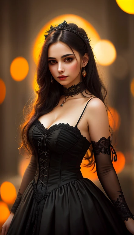 Young woman, fine features, very beautiful, vampire, warm gaze, expression of love, looking sideways, gothic dress, orange eyes, remove three dots top right, (best quality,16k,highres,masterpiece:1.2),ultra-detailed,(realistic,photorealistic,photo-realistic:1.37), HDR, UHD, studio lighting, extreme detail description, professional, vivid colors, bokeh, portraits, orange color palette, atmospheric lighting