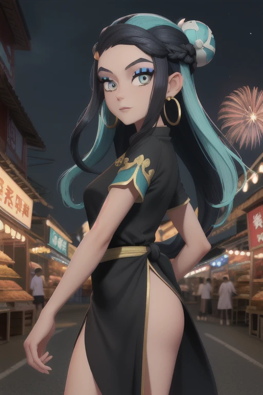 12k hdr, (best quality, masterpiece:1.3), (detailed:1.2), (Detailed face:1.2), (Detailed eyes:1.2), 1girl, nessarnd, nessaholiday, dark skin, makeup, single hair bun, sarong, short sleeves, Blue Chinese dress, side slit, hoop earrings, street's of a Chinese market place, night time, fireworks