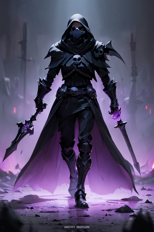 ((dark fantasy:1.4)),(full body:1.3). Dark skeleton knight. ((black skull face:1.3)), Hooded shadow wraith in black battle armor, (glowing violet eyes), (cross pendant). brandishing black great sword in purple flames. masterpiece