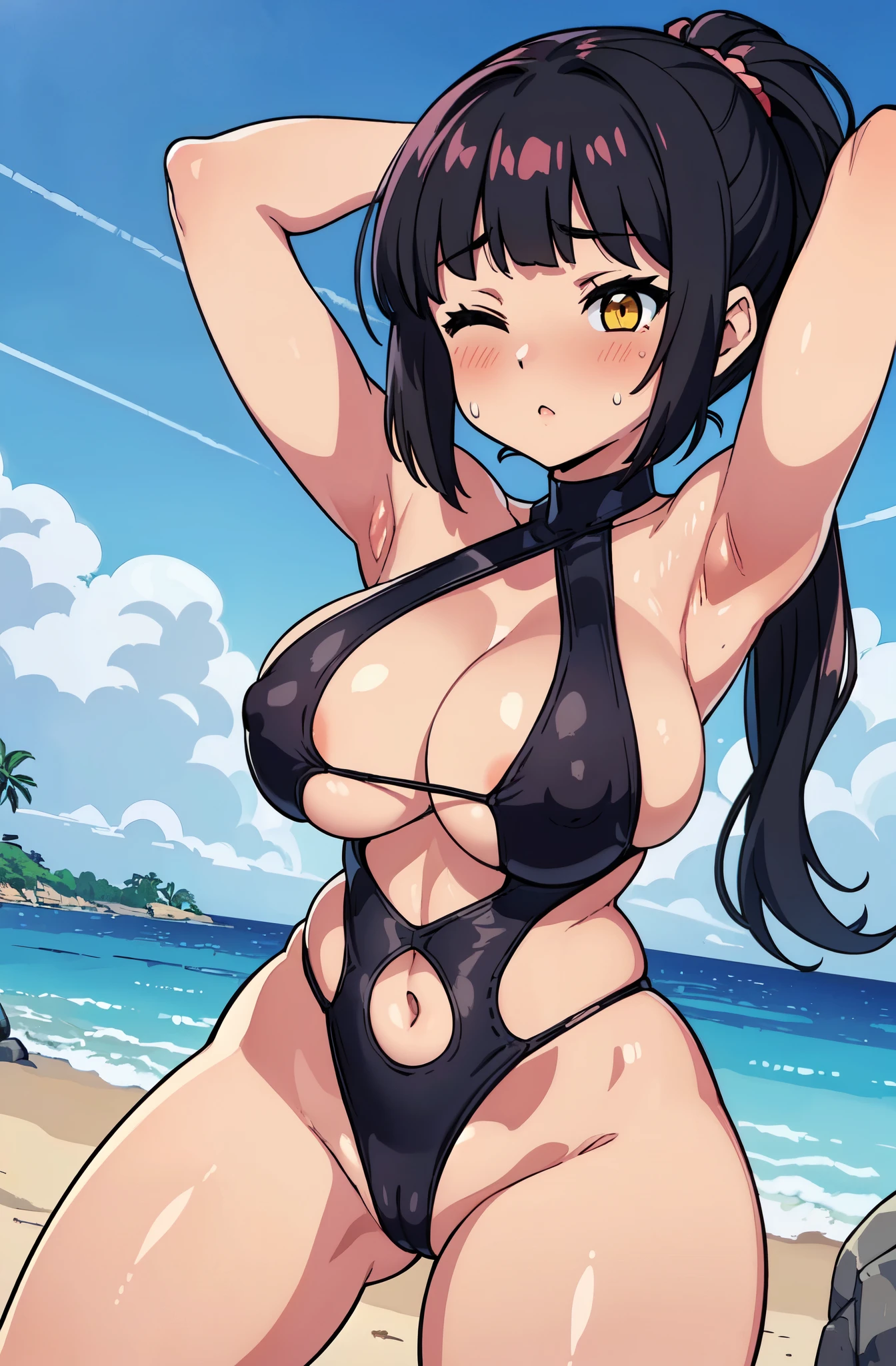 ((close、16k、highest quality、High detail、Rich skin detail, Browsing Caution, sex、Huge breasts、Muscular、low length)), Sweat, ((Browsing Caution、Swollen nipples、one breast out、Black Competitive Swimsuit))、((Armpits、Place your hands behind your head、Kneel))、((Redhead、Eyes closed、Yellow Eyes))、(((((Short bangs、Blunt bangs)))))、(((Long ponytail))), ((blush))、(Wide Hips)、((((Embarrassing))))、((Beach))