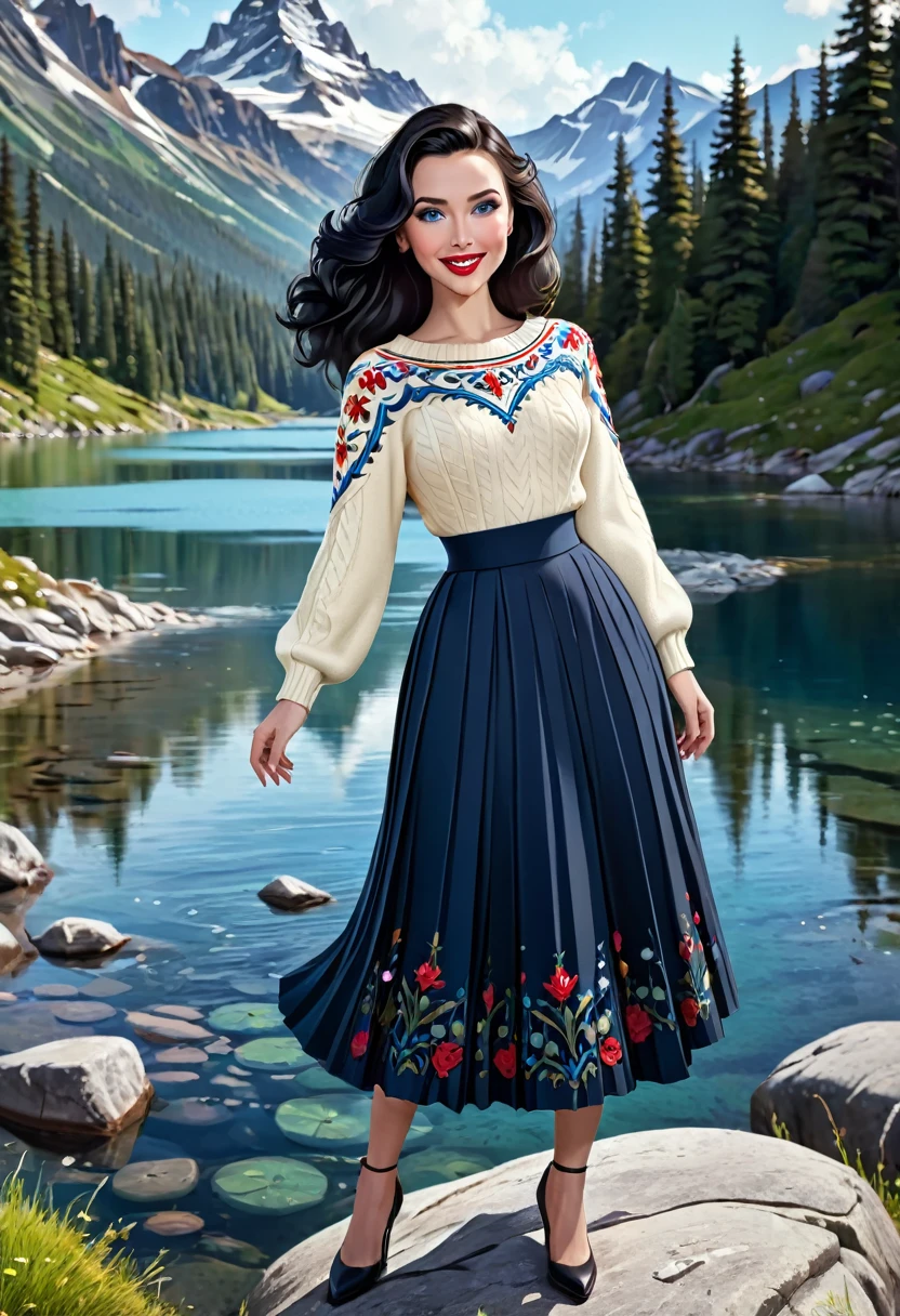1girl, Large Black Hair With Messy Strands, Pale Skin, Red Lipstick, Dress Covered With Intricate Wood Cut Patterns. round full face, full features. wide toothy smile.Dynamic Pose., Detailed Eyes,, wide eyes, Standing On A Rock Overlooking A Mountain Valley With A Gorgeors Alpine Lake. Wearing A Black Knee Length Pleated Skirt With Blue Enbroidery And A Trdational Norweigian Sweater Of Many Colors With Intricate Detailed Rosemaling Designs. (Masterpiece)), ((Best Quality)), (Detailed). Official Art, Award Winning Digital Painting, Digital Illustration, Extreme Detail, 4k, Ultra Hd, Rococo, Polished, Intricate, Realistic Fantasy Art, Sharp Focus, Concept Art, Art By Wlop, Artgerm, (2d Vector Illustration) Beautiful Cute Face, Beautiful Female Lips, Charming Beauty, ((Kind Expression On His Face)), Seductively Looking At The Camera, ((Skin Color: White)), ((Detailed Beautiful Female Eyes)), ((Big Detailed Blue Eyes)), Ideal Female Body Shapes, Beautiful Waist, Big Thighs,, ((Subtle And Beautiful)), ((Depth Of Field))(Higly Detailed)), Realistic, Professional Photo Session, Light, Airy, HourGlass Figure. Stunning Combo Of Hedy Lamarr, Olivia Munn And Molly Quinn