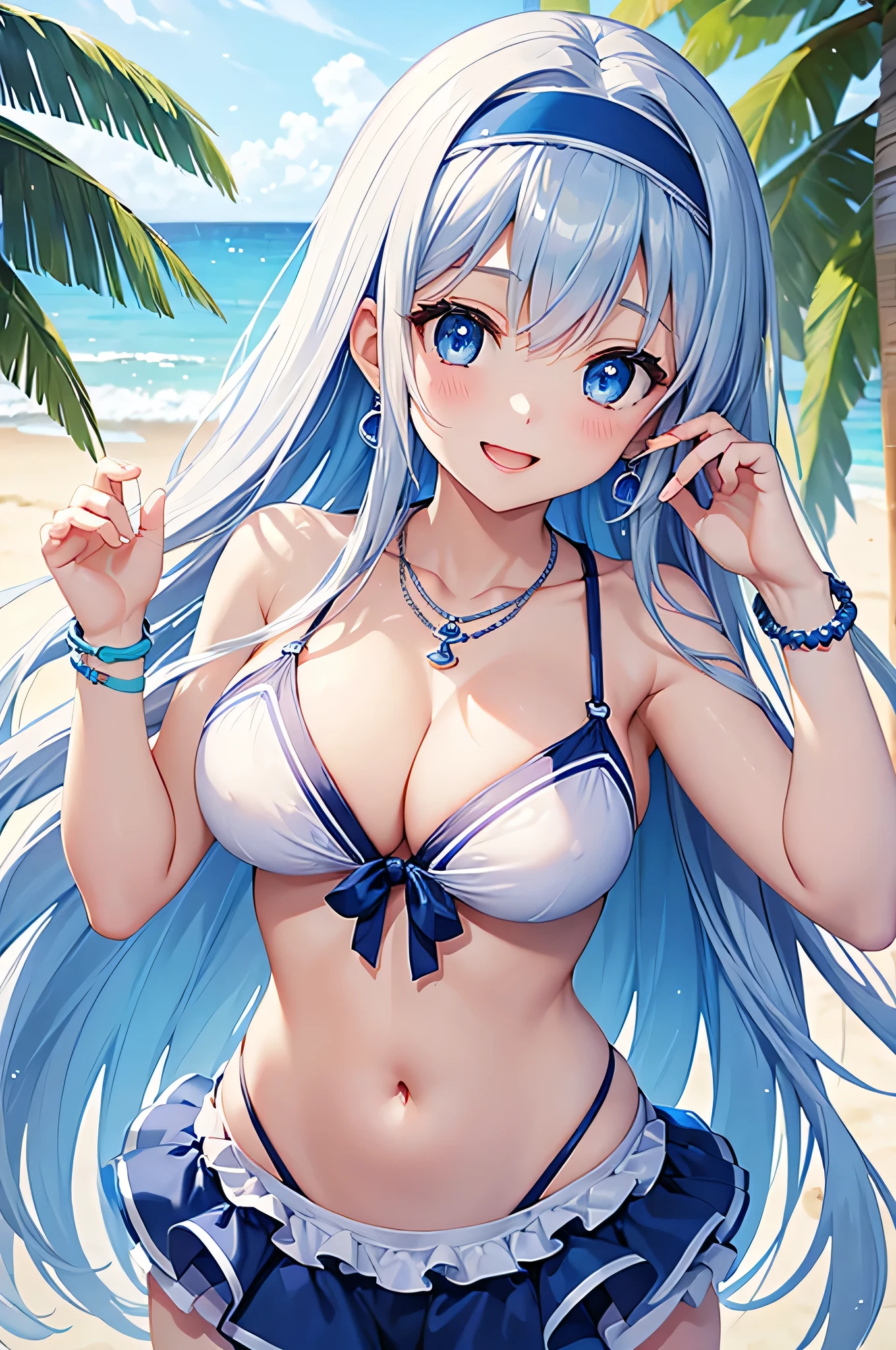 highest quality、Best image quality、masterpiece、beautiful girl、Navy blue long hair、blue eyes、White Bikini、Big cleavage、(Big Breasts)、smile、blue necklace、Blue Earrings、background(Beach)、Sexy pose、Please open your mouth wide、White headband、bracelet