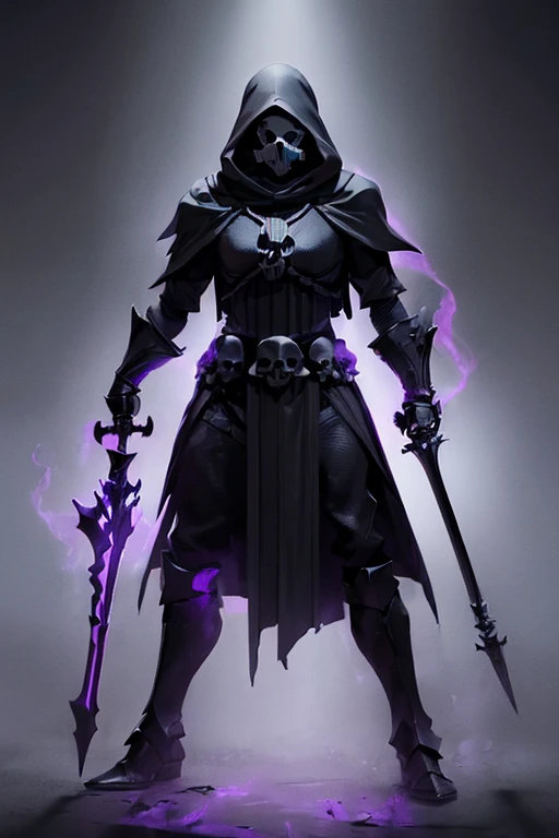 ((dark fantasy:1.4)),(full body:1.3). Dark skeleton knight. ((black skull face:1.3)), Hooded shadow wraith in black battle armor, (glowing violet eyes), (cross pendant). brandishing black great sword in purple flames. masterpiece