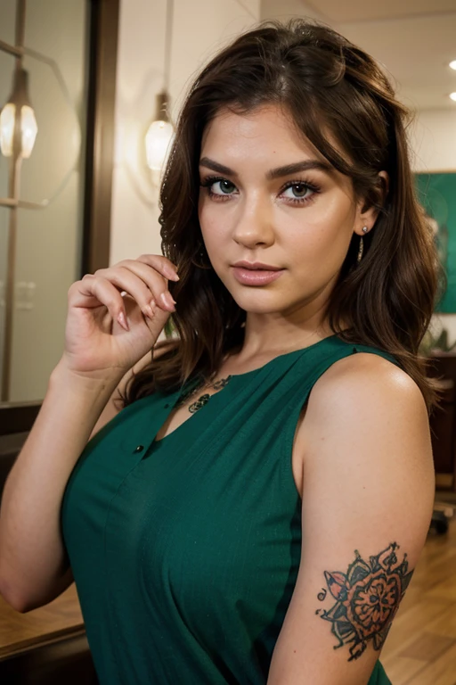 She is 35 years old diamond face shaped medium chubby. She has a nose piercing.ethnican dressing style. Her right upper fingers are tattood by sam's name.Sara has a striking appearance with fair skin, high cheekbones, and piercing green eyes framed by thick, dark lashes. Her deep chestnut brown hair falls in loose, tousled waves to her shoulders.she wears a streetware