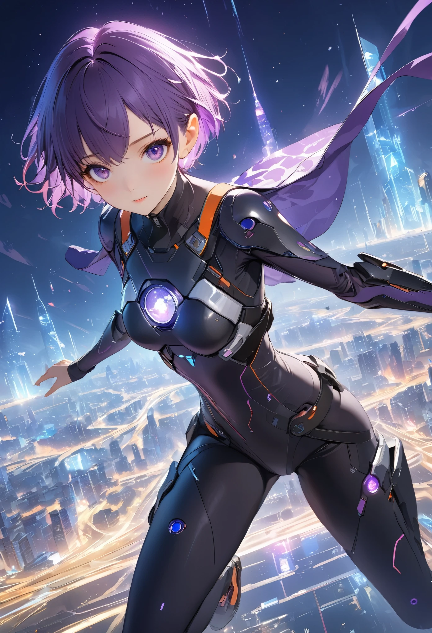 masterpiece, best quality, (Very detailed 8k wallpapers), (best quality), (Best Illustration), (The best shadow), Future city background, floating in the air,  (((Short hair boy，Fictional Characters+role conception。))), Big purple eyes,, Pretty Face,glowing city lights, Blurred background, Luminous Particle Effects,(Particle Effects), Octane Rendering, Ray tracing, Super detailed