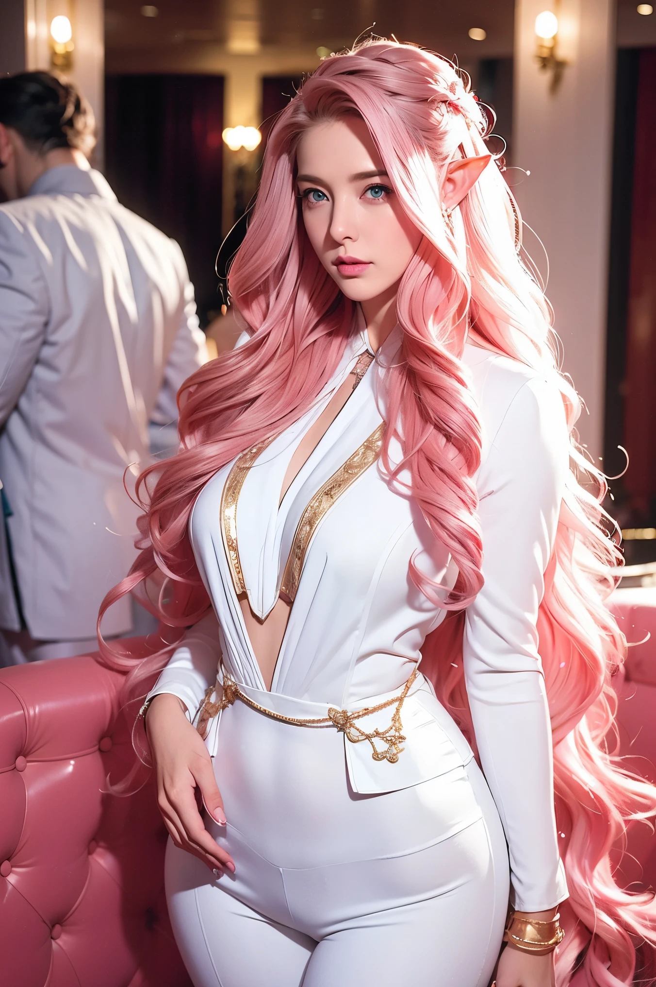 Woman, long wavy hair, pink hair, blue eyes, wearing suit, white suit, chic, salon, people in background, Party hall, golden detail, elf, Curvy, thick thighs, wearing pants, Gold colored tie, blue highlighted eyes, Blue eyes , Blue eyes, two blue eyes 