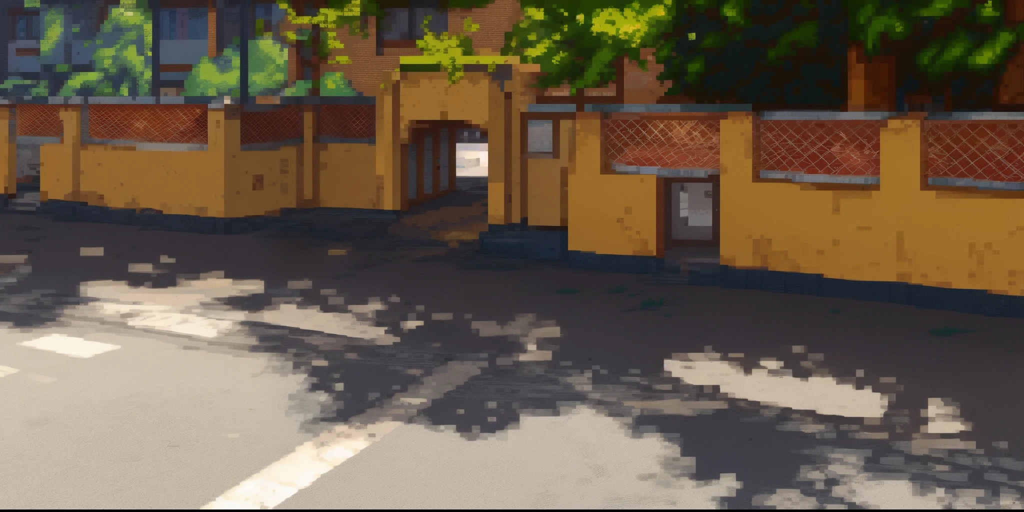 street view, front of a school, city, . (best quality, 4k, highres, pixel art, concept artists), [fight game background], [soft lighting], [nostalgic vibe] pixelart 