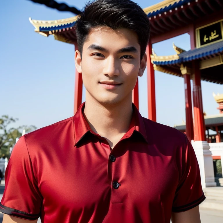 An Araf man in a red shirt stood in front of the pagoda., Wear a dark red volleyball shirt., expensive silk, Thai anime, Outdoor gym inspired by Li Khan, Damian Tran, wearing red dress, Wear a red formal dress, Handsome Chad Chin, Ross instead, Asian man, Mark, Liang Mark, Rick Dai, Christopher Chao, Inspired by David Diao, Thailand, แรงบันดาลใจจาก Liang Kai, Nanchuan