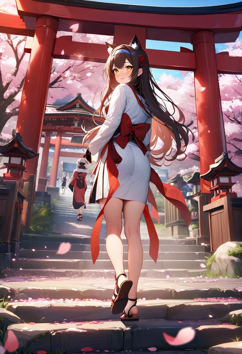 masterpiece,best quality,outdoor,Red Torii,Tree,stairs,Shrine Girl,look back,Red ribbon,Long hair,Cherry blossoms,Sky,Hair band,Headband,Cat ears,petal,Multiple Girls,Clogs sandals,White Kimono,Yellow eyes,