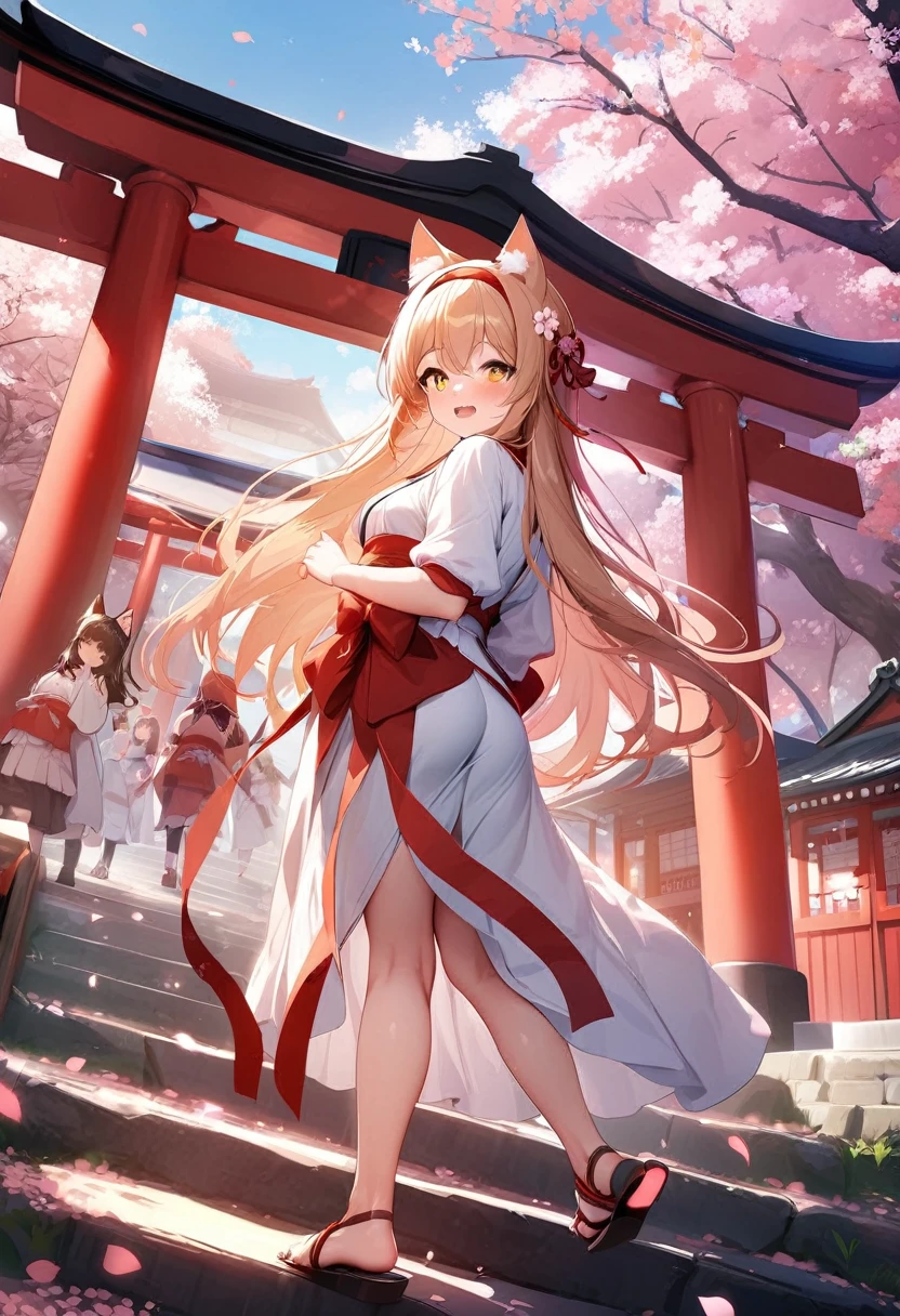 masterpiece,best quality,outdoor,Red Torii,Tree,stairs,Shrine Girl,look back,Red ribbon,Long hair,Cherry blossoms,Sky,Hair band,Headband,Cat ears,petal,Multiple Girls,Clogs sandals,White Kimono,Yellow eyes,
