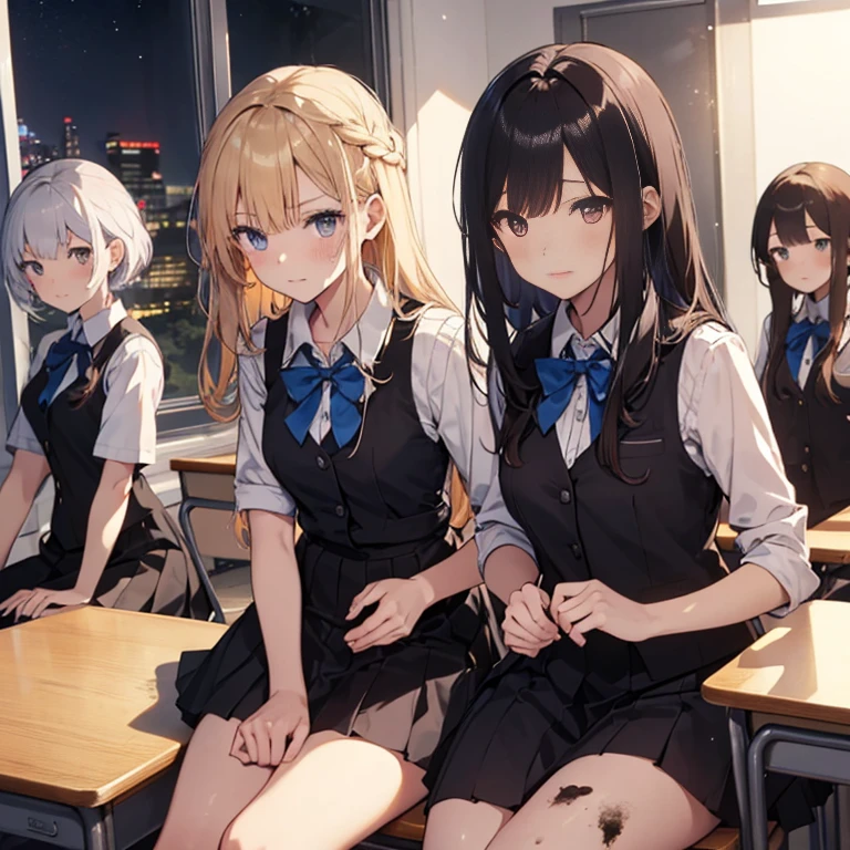 A group of female students, (in classroom), various hair styles, harem, night, details face, short skirt, seducing, sleeveless, school uniforms, dirty
