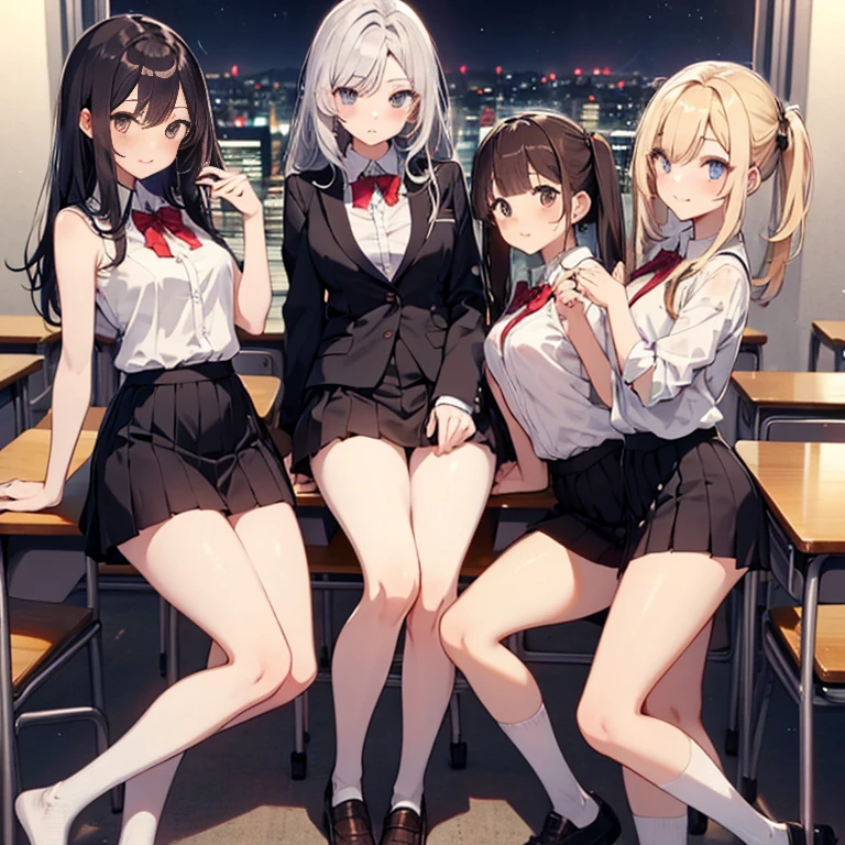 A group of female students, (in classroom), various hair styles, harem, night, details face, short skirt, seducing, sleeveless, school uniforms, dirty