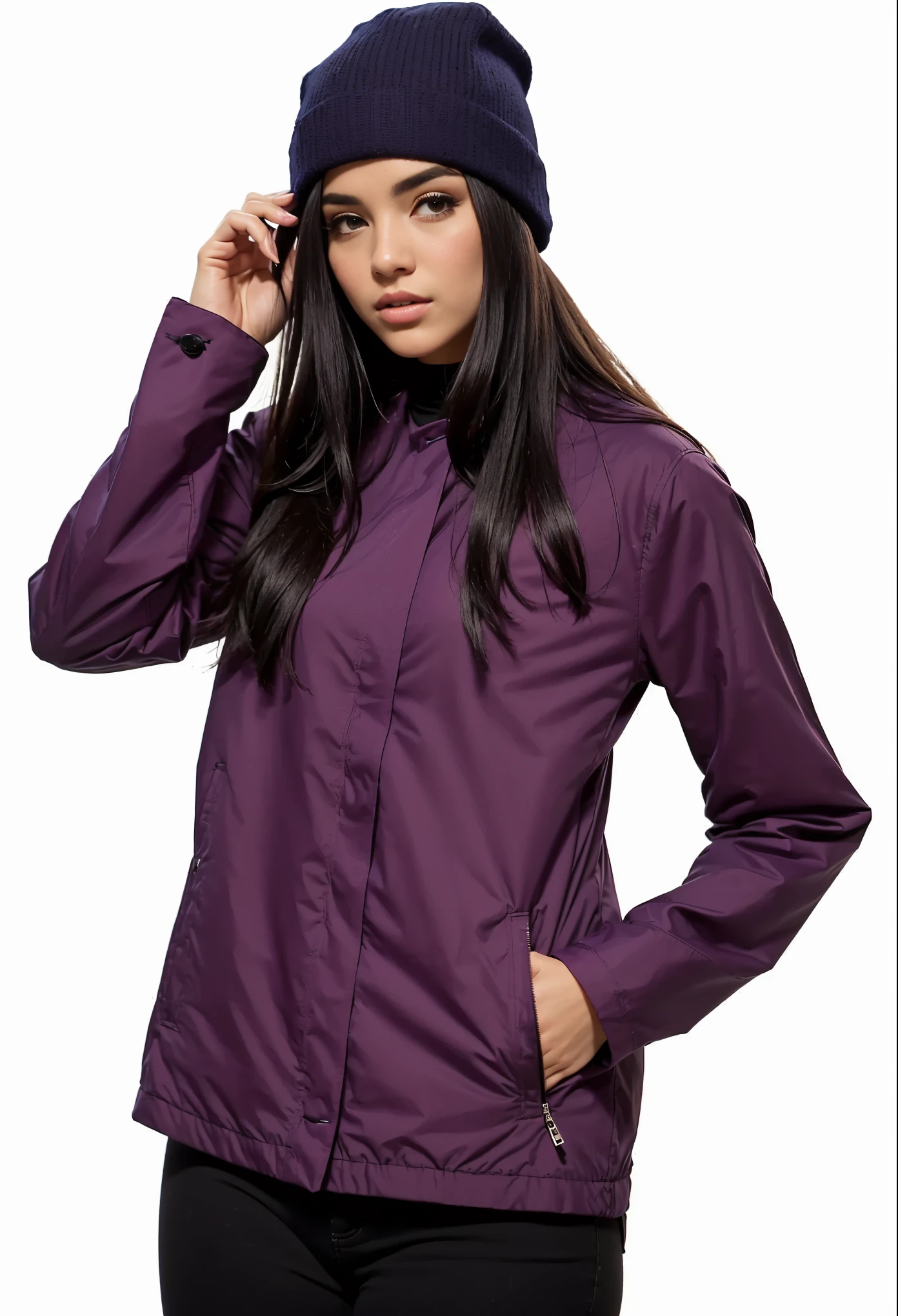 a woman wearing a jaqueta roxa and a black hat, capa de chuva roxa, jaqueta roxa, roupas de caminhada, f / 2 0, f/2, f / 2, foto de perfil, roupas esportivas, prana, roupas roxas escuras, violet, sanctuary, f / 3, a purple jacket, cásdia, roupas encharcadas, vestindo jaqueta, f/4