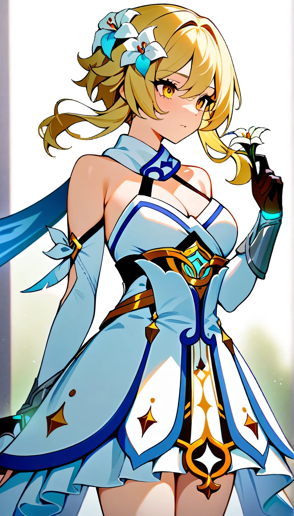 masterpiece, best quality, very aesthetic, absurdres, newest, cowboy_shot,
lumine_(genshin_impact),genshin_impact, 1girl, black_gloves, blonde_hair, breasts, cleavage, detached_sleeves, dress, flower, gloves, hair_flower, hair_ornament, medium_breasts, short_hair_with_long_locks, sidelocks, sleeveless, sleeveless_dress, vambraces, white_dress, white_flower, yellow_eyes,holding, holding_flower, holding_sword, holding_weapon, solo, sword, simple_background, weapon, white_background,