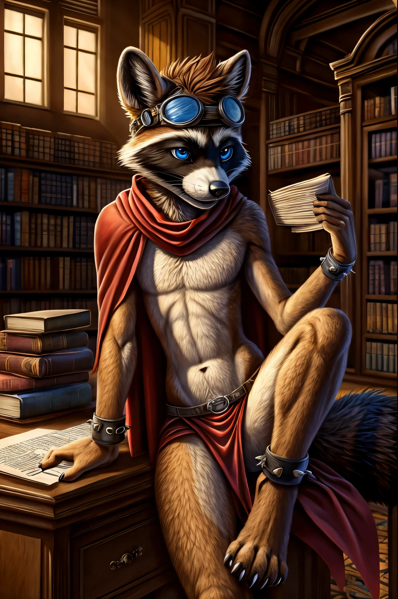 Furry, furry, teenccoon, spiked brown hair only on head, blue eyes, goggles, chain harness, red cape, red scarf, red loincloth, masterpiece, detail body, detailed eyes, fur all over body, detailed face, detailed eyes, detailed hands, Skinny, claws, high resolution, metal cuffs on wrists, metal cuffs on ankles, no shirt, no underwear, library, reading, desk, papers