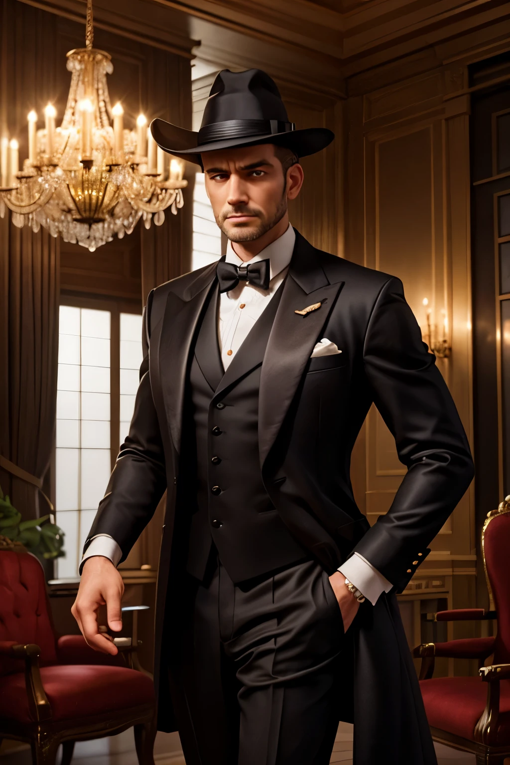 a rich man, reserved, single, punctual, high quality detailed portrait, photorealistic, cinematic lighting, realistic skin texture, complex facial features, sharp focus, chiaroscuro lighting, elegant formal wear, serious expression, indoor environment, luxurious interior hat and mathematical physicist