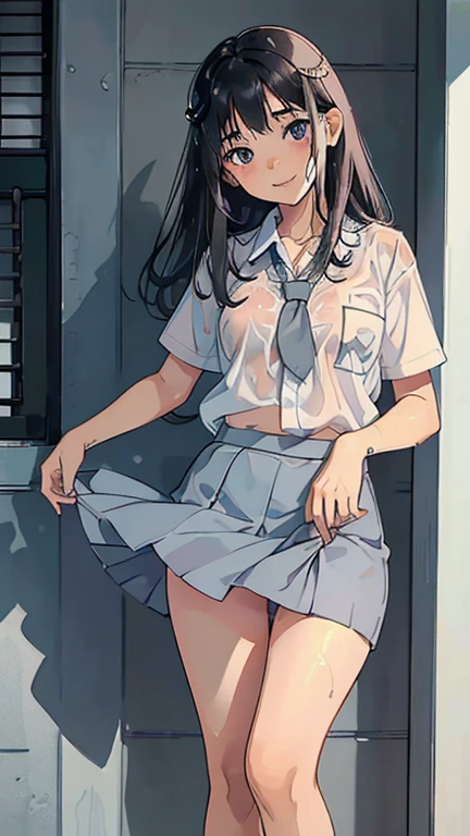 best quality,masterpiece,1girl,solo,(((NSFW))),(((9years old))),japanese girl,an extremely cute and beautiful girl,highly detailed beautiful face and eyes,petit,cute face,lovely face,baby face,shy smile,show teeth,black hair,medium long hair,Hairless pussy,flat chest,skinny,slender,(((wearing a wet transparent white short shirt and grey mini skirt))),(((standing in a school yard))),she is looking at the viewer,hands lift up dress,(upskirt above the waist:1.1),(no panties:1.1),(legs spread wide:1.1),(no bra:1.1)