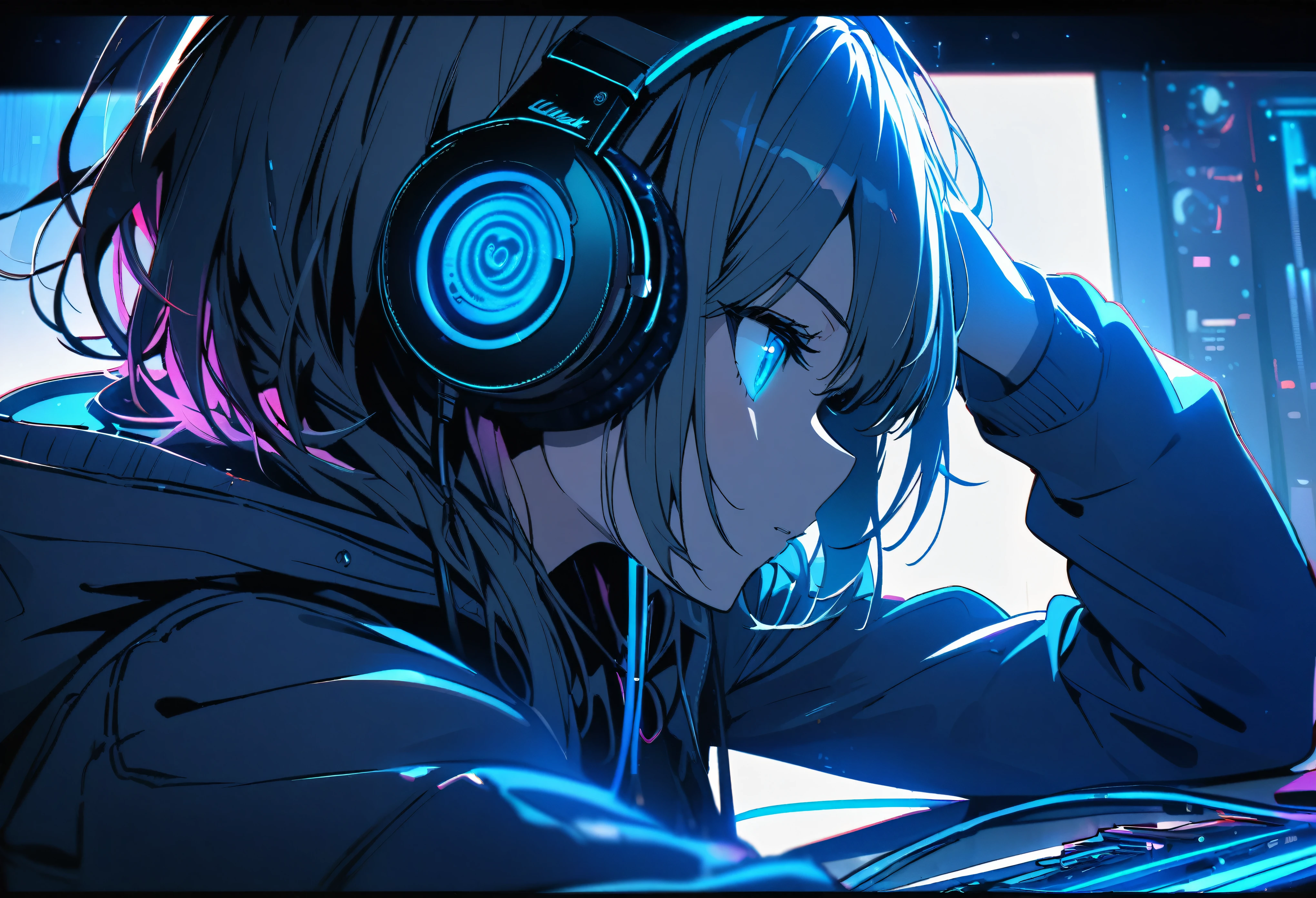  ultra detailed,1 girl, solo,  jacket with hoodie, cool, headphone, RGB lighting headphones, headphones with blue lighting, headphone with cable, blue lighting, wallpaper