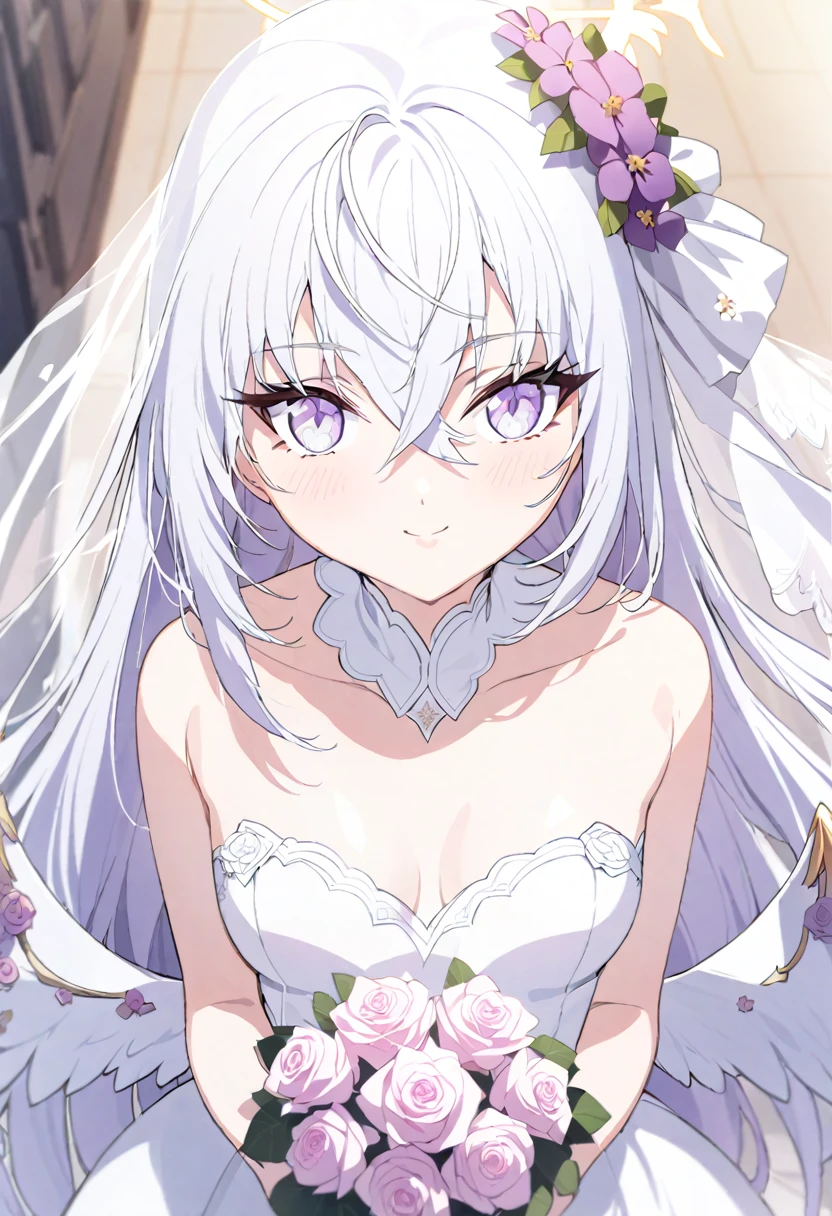 azusa \(blue archive\),1girl 1other alternate_costume angel_wings bare_shoulders blush bouquet breasts bridal_veil bride cleavage closed_mouth collarbone dress feathered_wings flower hair_between_eyes halo holding holding_bouquet jewelry long_hair looking_at_viewer medium_breasts necklace out_of_frame pink_flower pink_rose pov pov_hands purple_eyes rose solo_focus strapless strapless_dress veil very_long_hair wedding_dress white_dress white_flower white_hair white_rose white_wings wings small_breasts smile