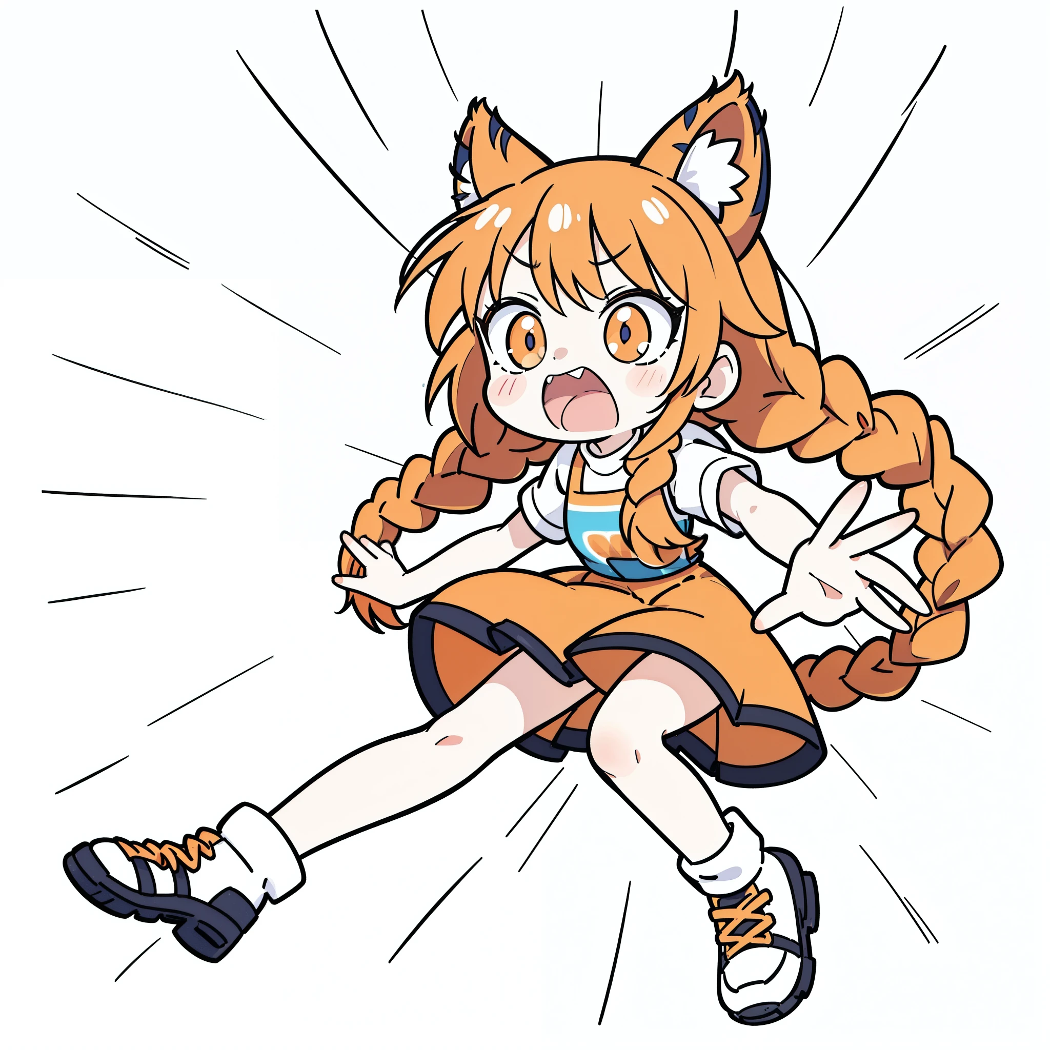 (1girl,20 years old,mature female,solo),tiger ears,long hair,(twin braids),orange hair,(white background,line drawing),screenshot, exaggerated poses,open mouth,screaming, scared, cute, whole body, Style cute-ar 3:4-ni ji 5